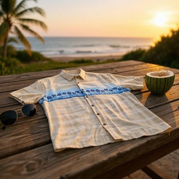 Island Shores XL Beige & Blue Palm Rayon Hawaiian Shirt - Picture 2 of 11